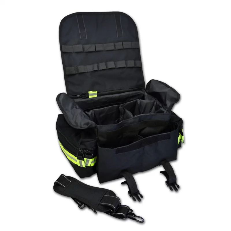 Black Lightning X LXMB20 small EMT first responder bag open with detached strap in front, showing organized compartments for quick access to medical supplies.