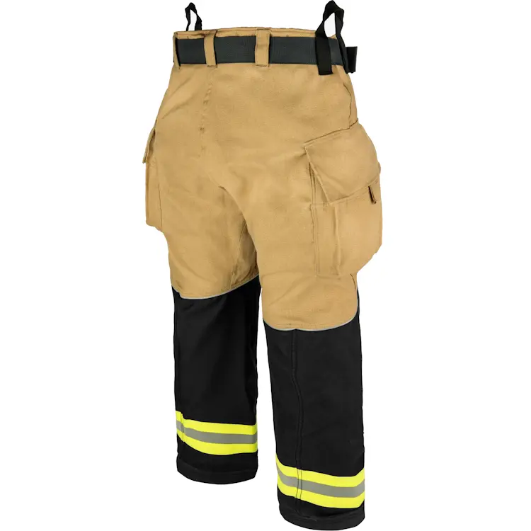 Back side view of Lakeland® Stealth Premium Turnout Pants, highlighting the reinforced stitching, adjustable waist, and durable flame-resistant fabric designed for firefighter protection and flexibility.