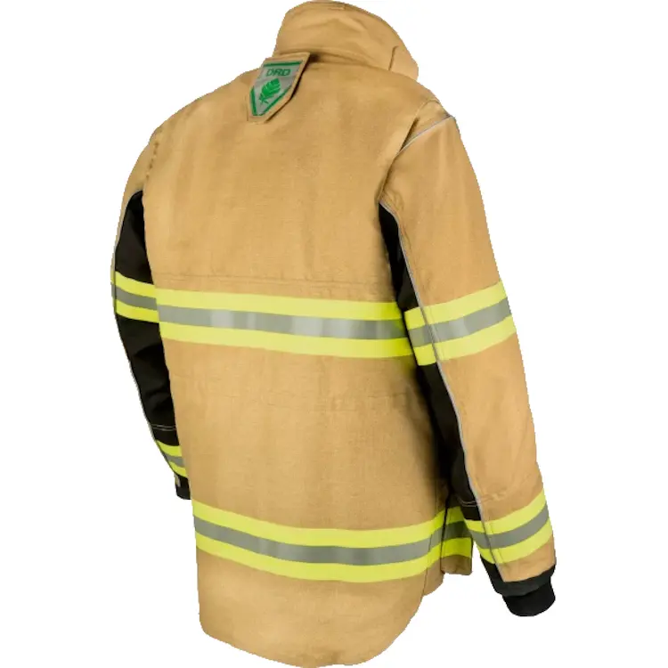 Back side view of Lakeland® Stealth Premium Turnout Coat, emphasizing reinforced stitching, reflective trim, and ergonomic design for firefighter mobility and safety.
