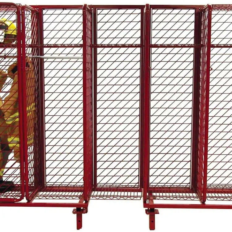 Front view of two Ready Rack™ Freestanding Red Racks connected with a middle frame that also functions as an additional storage bay, showcasing the modular design's versatility and expanded gear capacity.