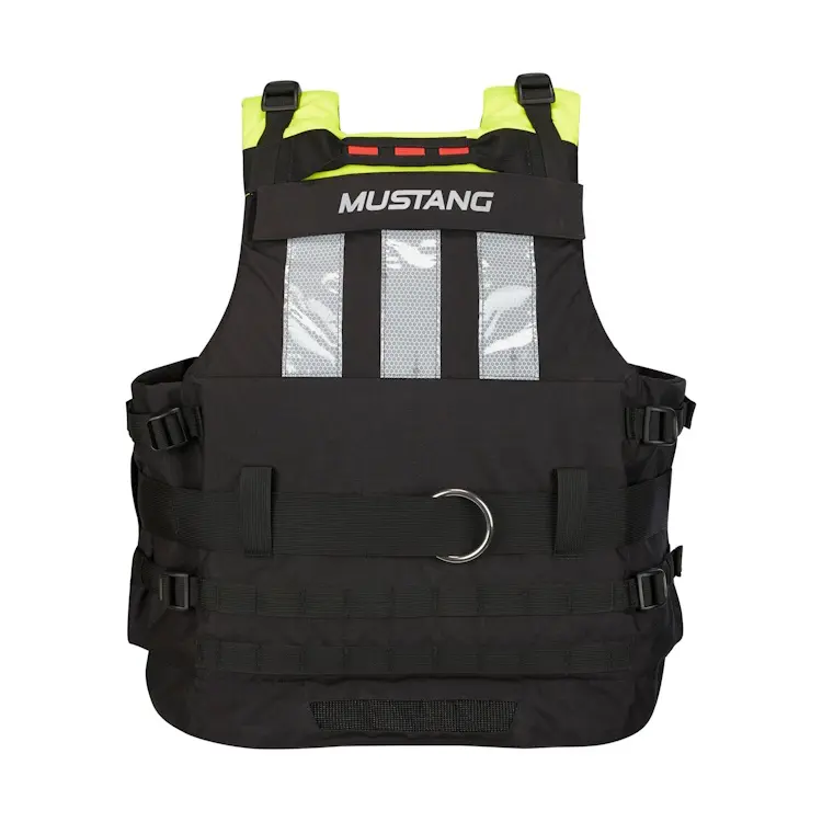 Back view of Mustang Survival® Universal Swift Water Rescue Vest featuring reflective panels, reinforced stitching, and secure flotation design for rescue professionals.