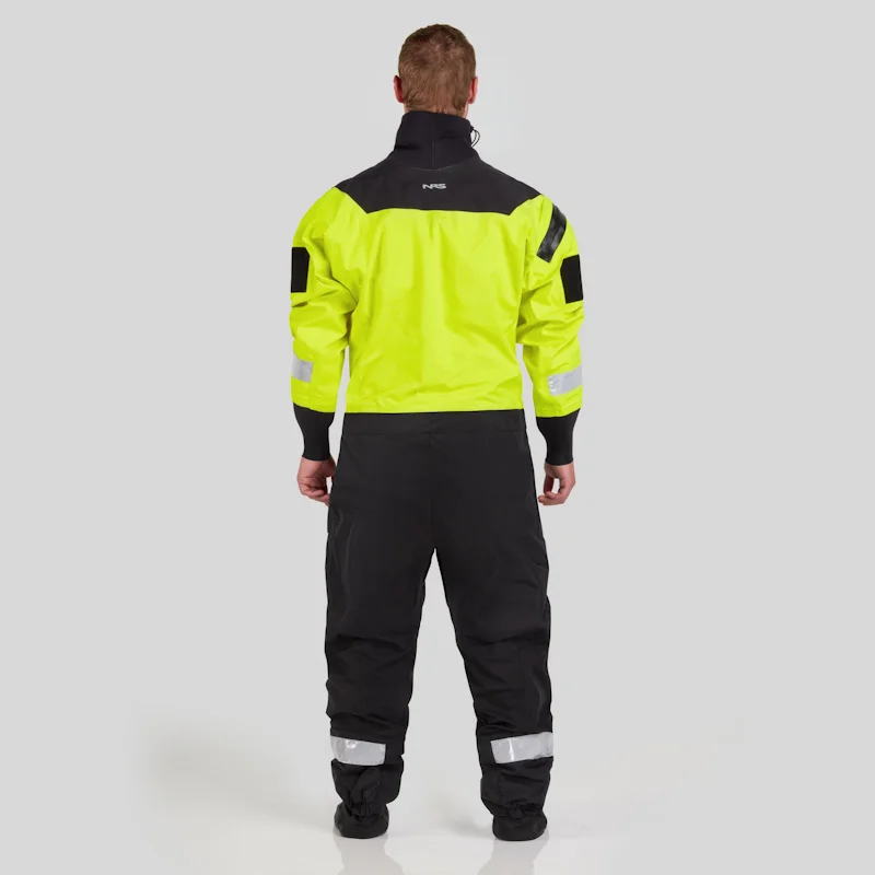 Back view of a man wearing the NRS Ascent SAR Dry Suit in safety yellow, showing reinforced panels and reflective accents for visibility.