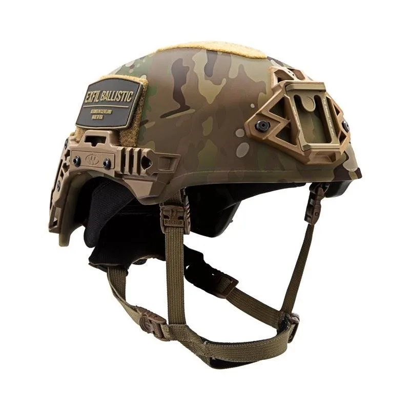 Front-right side view of the Team Wendy® EXFIL® Ballistic Helmet in Multicam®, showing the camouflage finish, rail system, and front mount for mission adaptability.