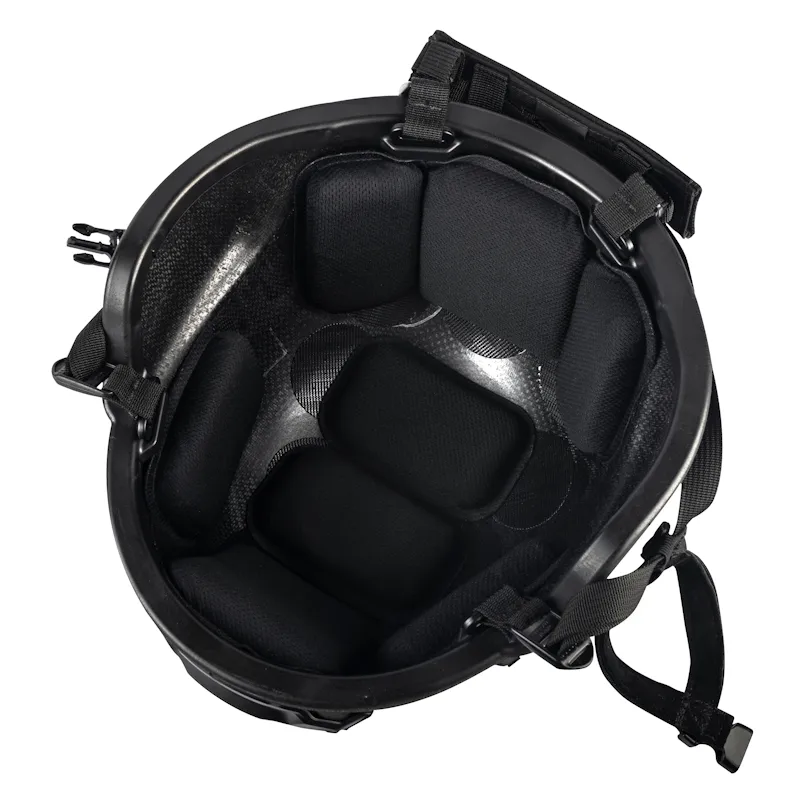 Under view of the Team Wendy® EPIC™ Responder Ballistic Helmet in black, displaying the interior padding, chin strap, and adjustable suspension system for comfort and stability.