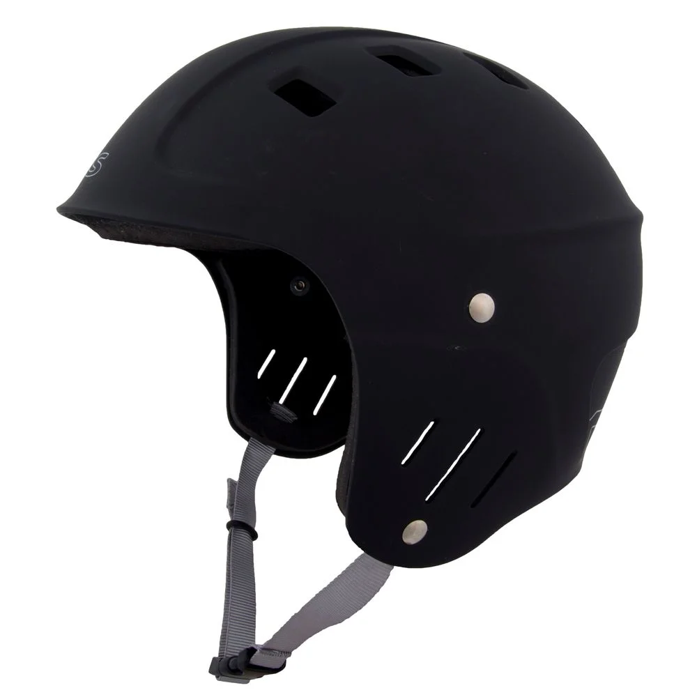 Left side view of the NRS Chaos Full Cut Helmet – Closeout in black, highlighting full ear protection, a durable ABS shell, and ventilation for comfortable, impact-resistant whitewater safety.