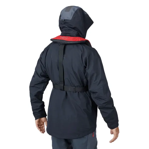 Mustang Survival® HIT Hydrostatic Inflatable PFD in red/black variant worn by a person, back view, hydrostatic automatic inflatable life jacket for boating and marine safety.