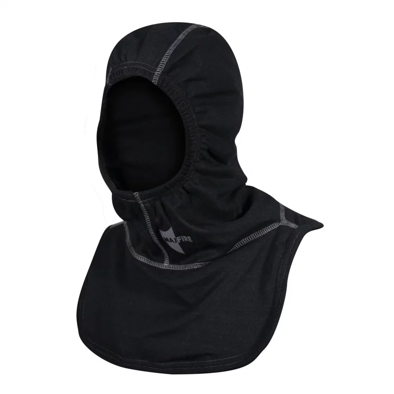 Front left side view of Majestic Safety HALO NB Black Particulate Hood showing seamless design and coverage protecting the face, neck, and head from particulates and heat.