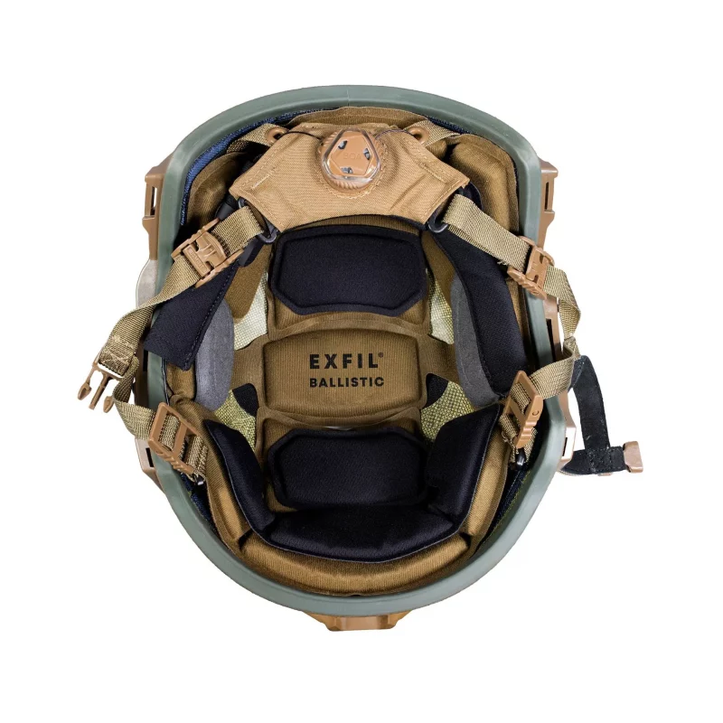 Under view of Team Wendy® EXFIL® Ballistic Helmet in ranger green displaying padded interior, adjustable straps, and comfort features.