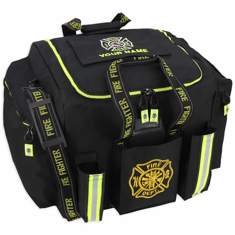 Lightning X LXFB20 black turnout gear bag with customizable "Your Name" and "Your Logo" embroidery on the top flap.