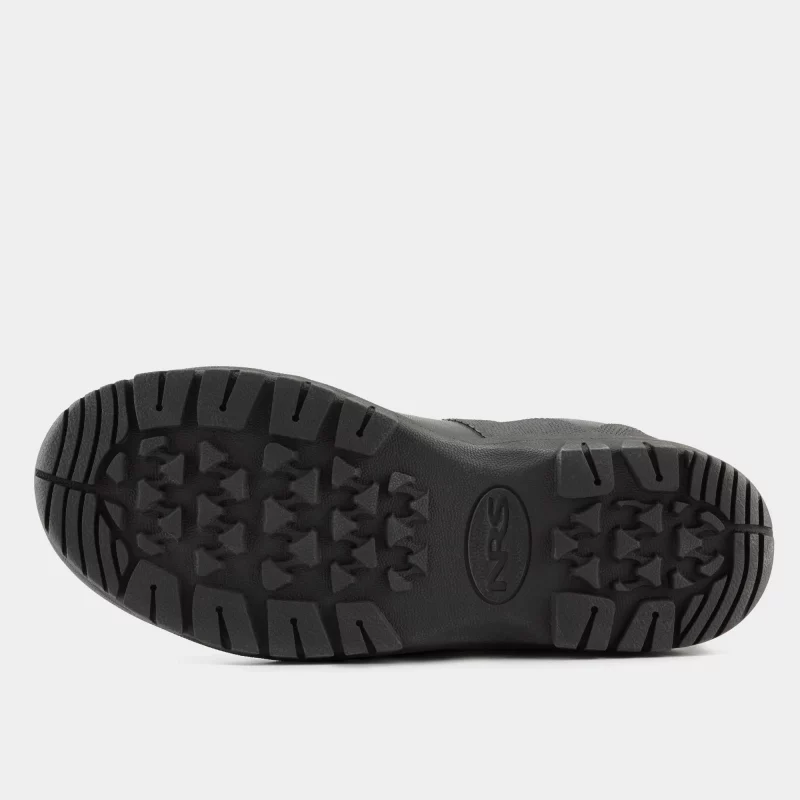 Under view of a single NRS Workboot Wetshoe laying on its side, displaying the durable textured rubber sole designed for superior traction.