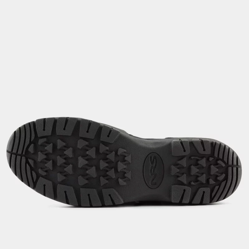 Bottom sole view of a single NRS ATB Wetshoe laying on its side, displaying the textured rubber sole with multi-directional tread for superior traction.