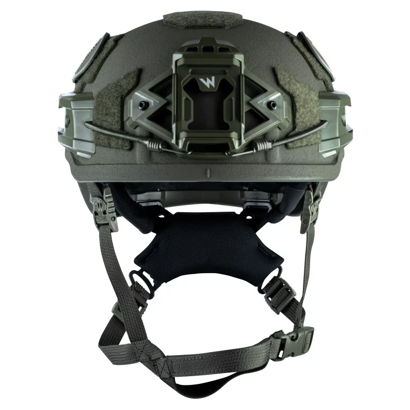 Front view of Team Wendy® EPIC™ Specialist Ballistic Helmet in ranger green featuring advanced ballistic protection and ergonomic design.