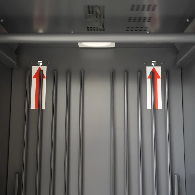 Closeup of interior back wall of Ready Rack™ Vortex DC2 Drying Cabinet — 2-Gear showing ventilation and airflow design for optimal gear drying.