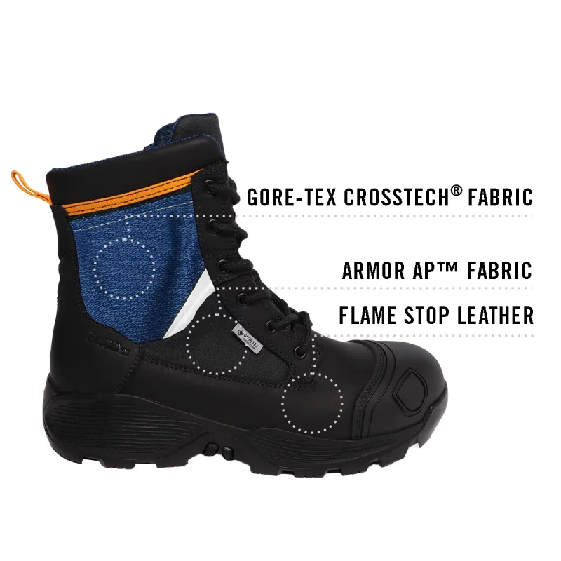 Side view of a single Fire-Dex® FDXL90 Boot, highlighting the combination of durable leather and breathable fabric materials engineered for firefighter protection and comfort.