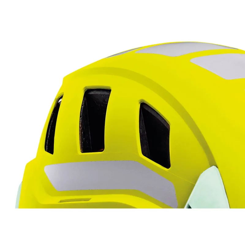 Close-up of the side of the Petzl® STRATO® VENT HI-VIZ Helmet, showcasing ventilation ports, adjustment mechanisms, and durable shell construction for optimal protection and airflow.