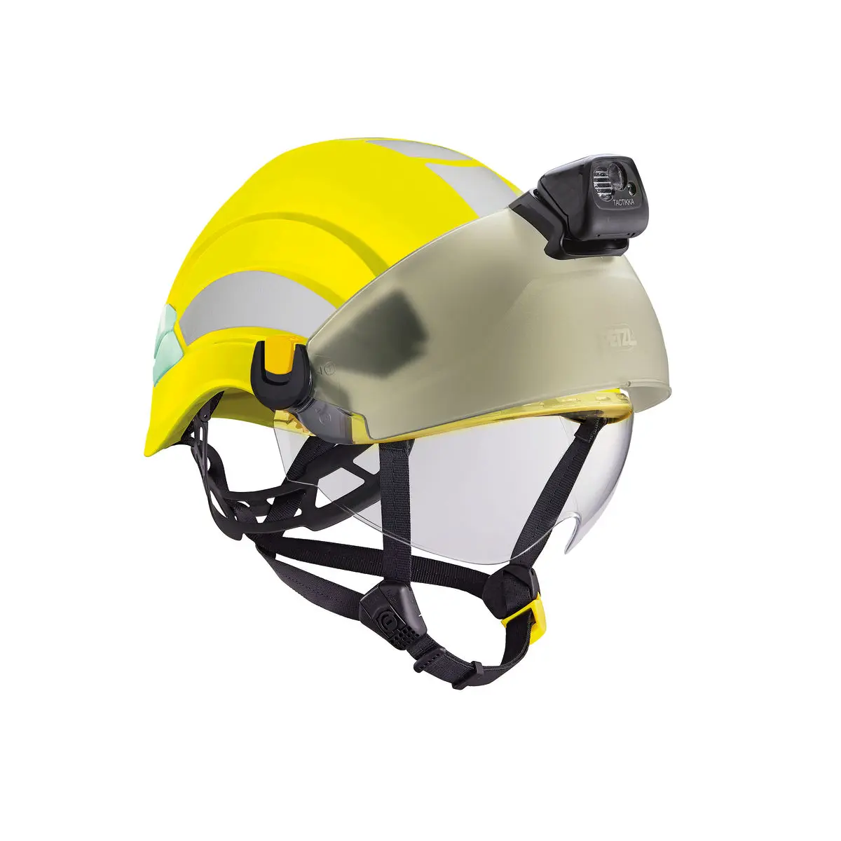 Petzl® VERTEX® Hi-Viz Canada Version Helmet in bright yellow featuring a clear visor and mounted camera for enhanced protection and hands-free recording.