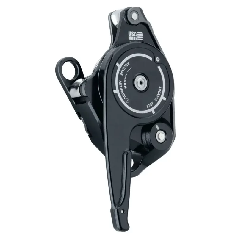 Back view of the gray Harken™ CMC CLUTCH™ with the switch pointed downward, displaying the rear housing and attachment point designed for secure, efficient rope access and rescue functionality.