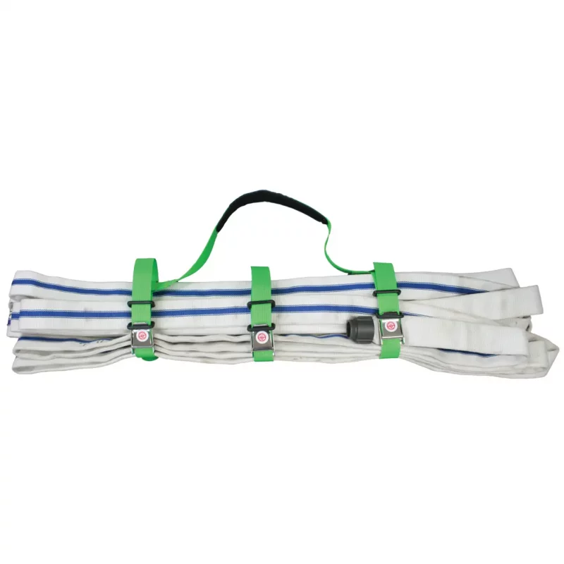 Hose bundle securely wrapped by the R&B Fabrications GRP-57 Gripper Hose System strap, showcasing its durable webbing and fastening for safe hose handling.
