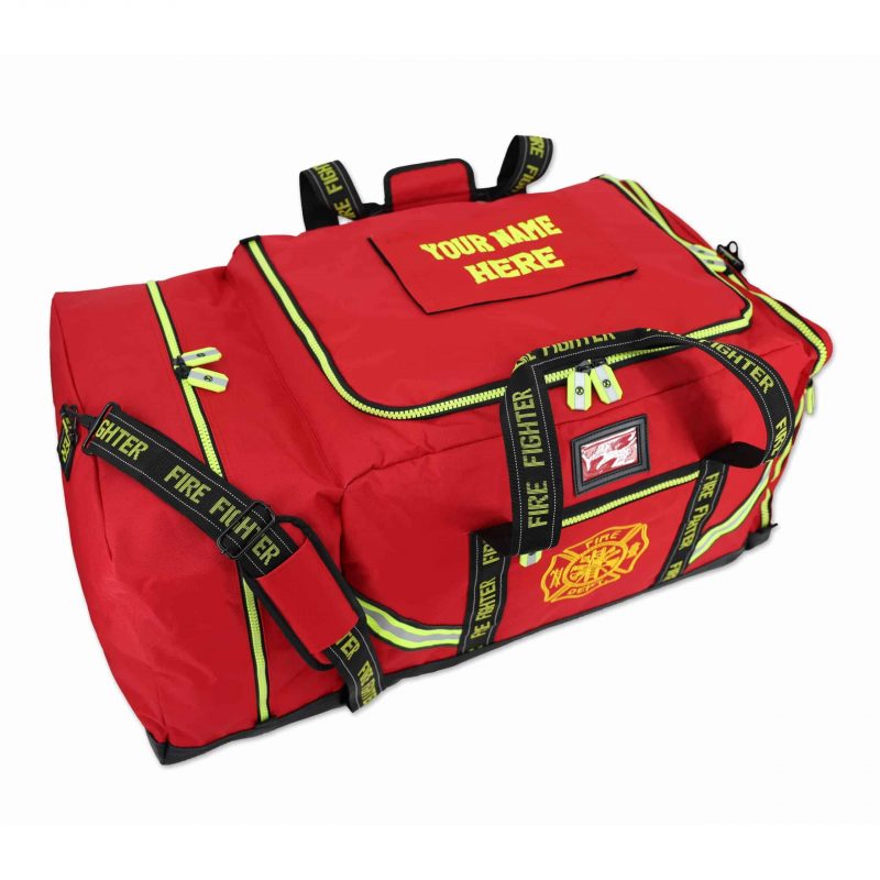 Front side view of Lightning X LXFB10 red variant 3XL Turnout Gear Bag with “Your Name Here” printed on top for personalization.