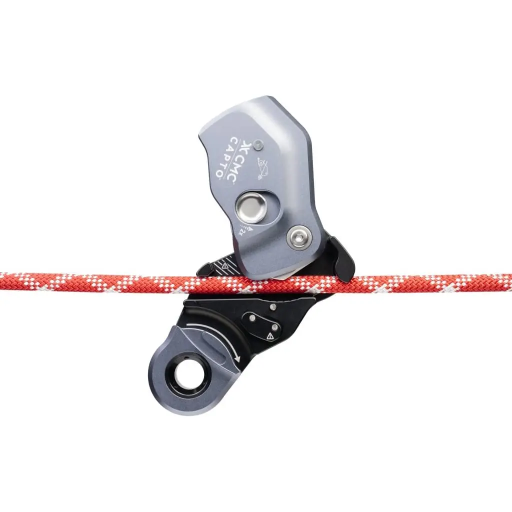 Silver CMC™ CAPTO™ Multifunctional Rope Grab in the open position engaged on a rope, demonstrating secure rope grip and smooth operation for technical rescue and fall protection.