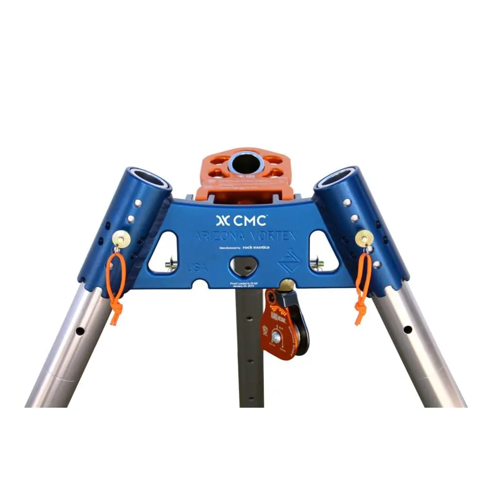 Close-up front view of the top section of the CMC™ Arizona Vortex Kit tripod, displaying the head assembly and front connection points for high-angle and confined space rescue setups.