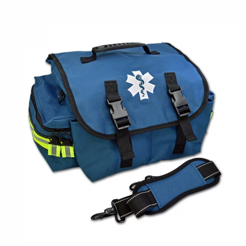 Navy blue Lightning X LXMB20 small EMT first responder bag closed with detached strap placed in front, highlighting high visibility and portability.