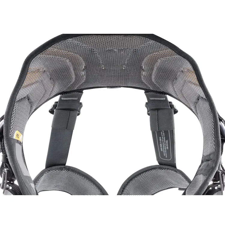 Petzl® AVAO® BOD FAST Harness International Version shown top view, highlighting the padded waistbelt, ergonomic strap layout, and reinforced attachment points for comfort and safety in rope access work.