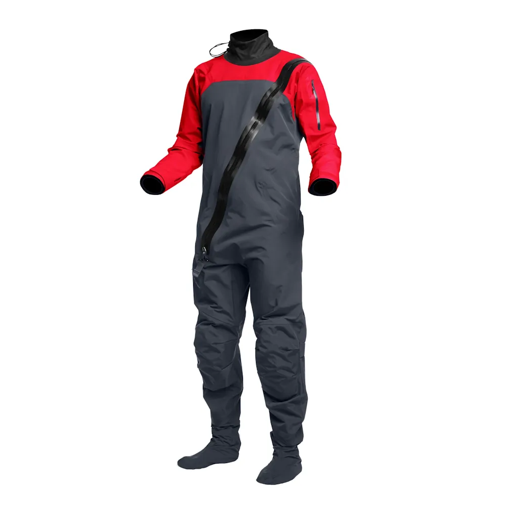 Mustang Survival® Men’s Hudson CCS Dry Suit in Admiral Red, front side view featuring waterproof fabric, ergonomic cut, and vibrant color for enhanced marine visibility.
