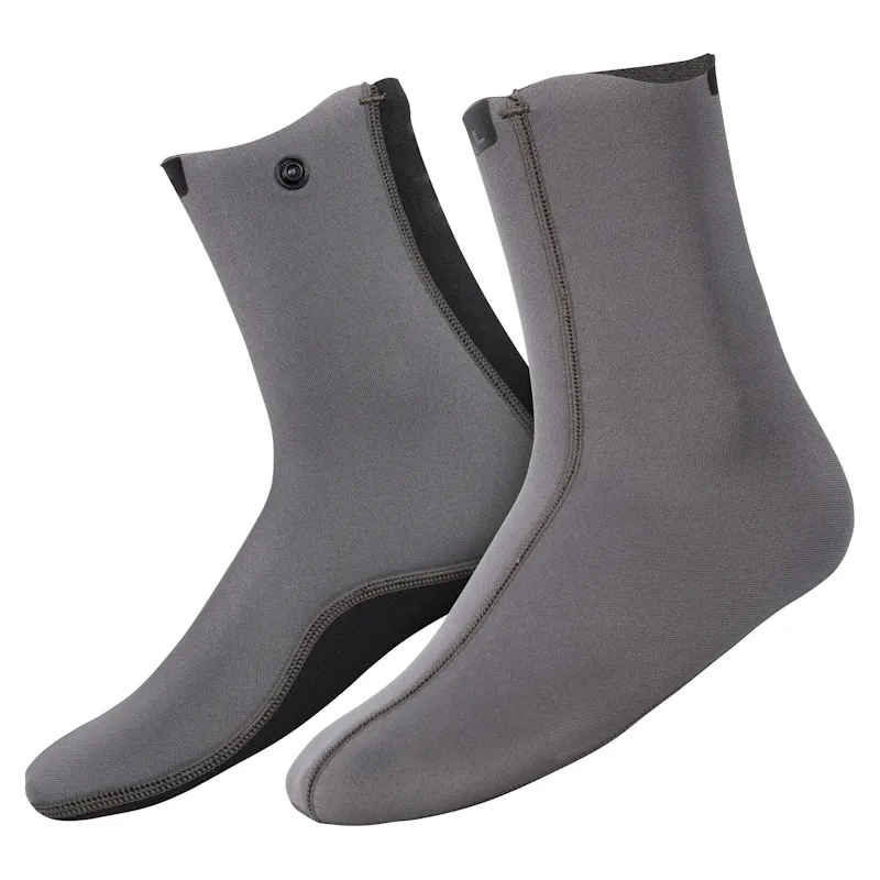 NRS Wetsocks in gray neoprene, shown as a pair from a front angle view with flat-stitched seams and a snap closure on the cuff.