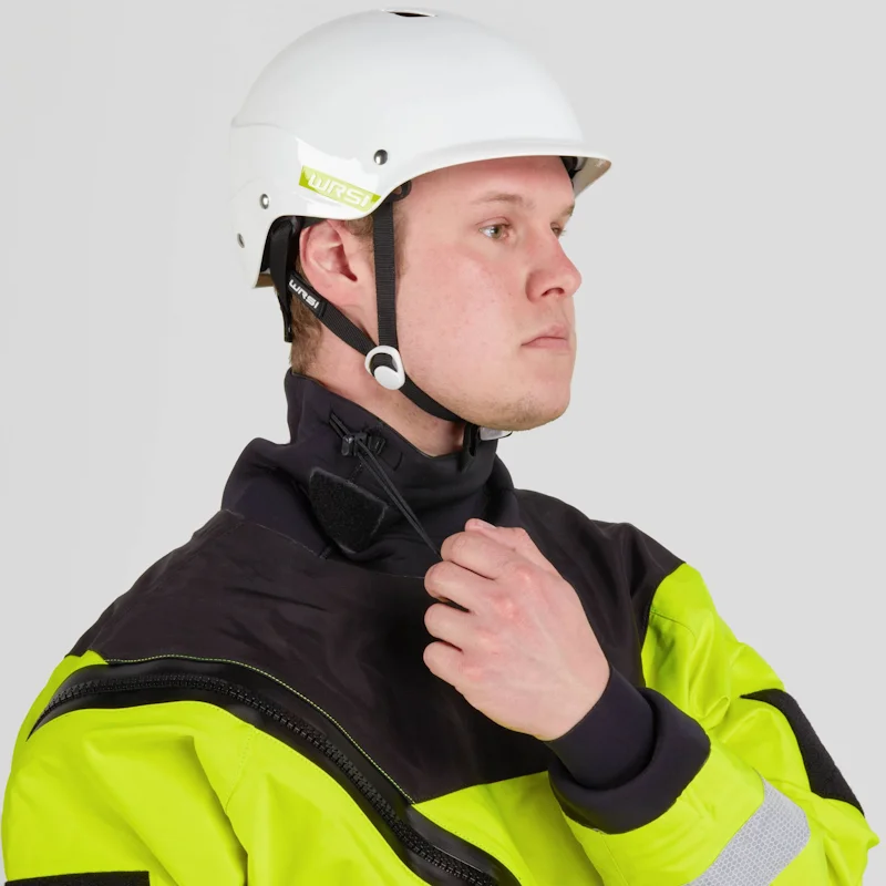 Closeup of a man wearing the NRS Ascent SAR Dry Suit in safety yellow, focusing on the latex neck gasket and padded shoulder area for comfort and waterproof sealing.