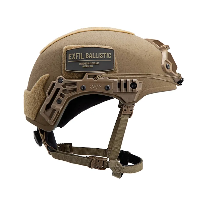 Right side view of the Team Wendy® EXFIL® Ballistic Helmet in coyote brown, highlighting the accessory rail, bungee mounts, and durable matte finish for tactical performance.