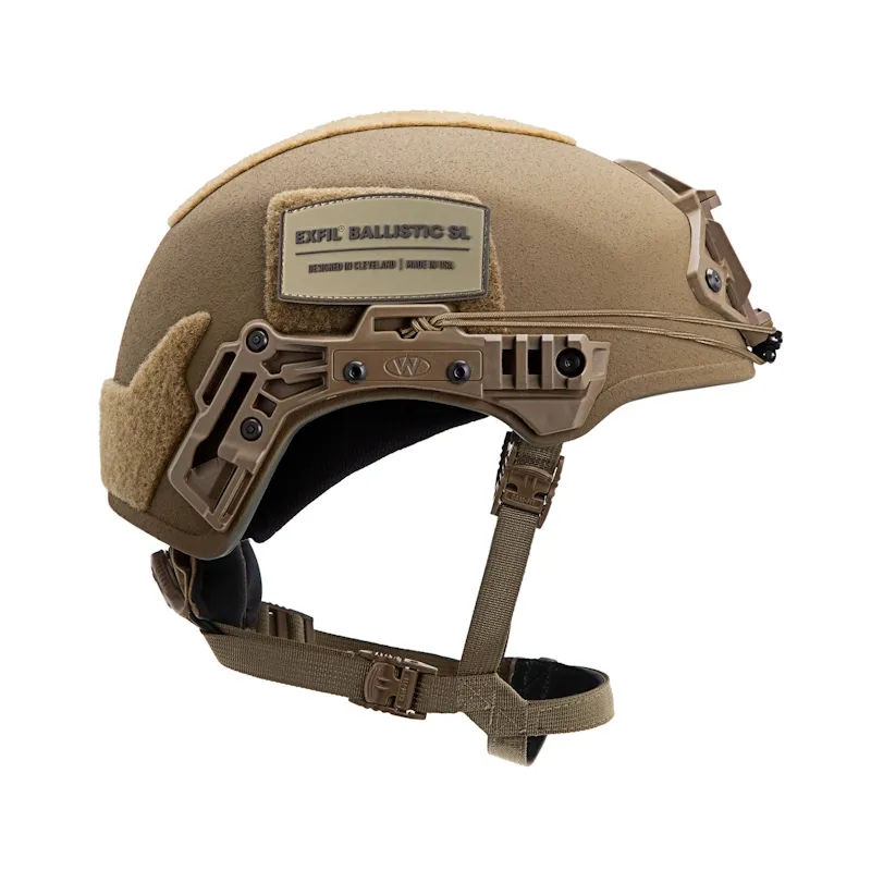 Right side view of the Team Wendy® EXFIL® Ballistic SL Helmet in coyote brown, highlighting the rail interface, bungee mounts, and matte coating for rugged field performance.