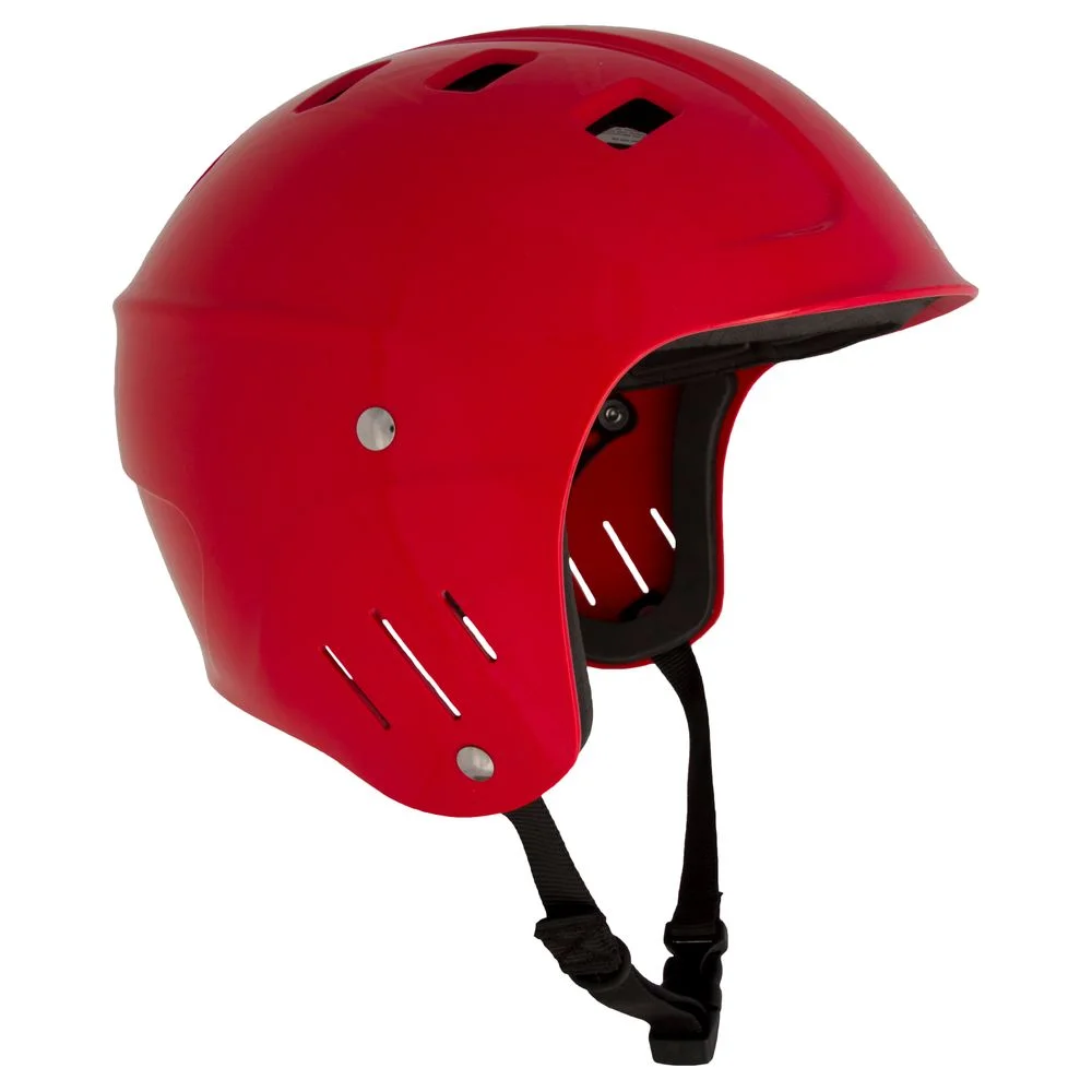 Right side view of the NRS Chaos Full Cut Helmet – Closeout in red, showcasing full ear protection, a durable ABS shell, and ventilation for comfortable, impact-resistant whitewater safety.
