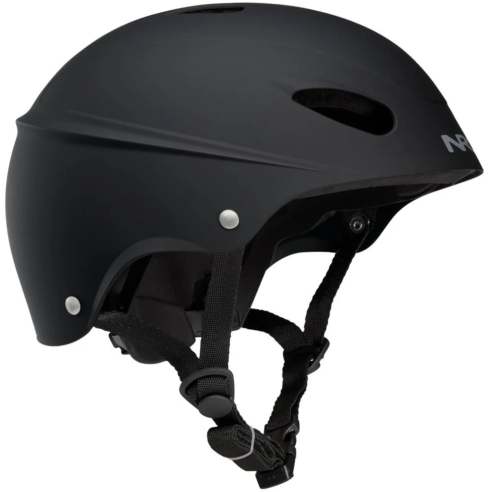 Side view of the NRS Havoc Livery Helmet in black, showcasing its vibrant design, durable ABS shell, adjustable straps, and ventilation for comfortable, impact-resistant whitewater protection.