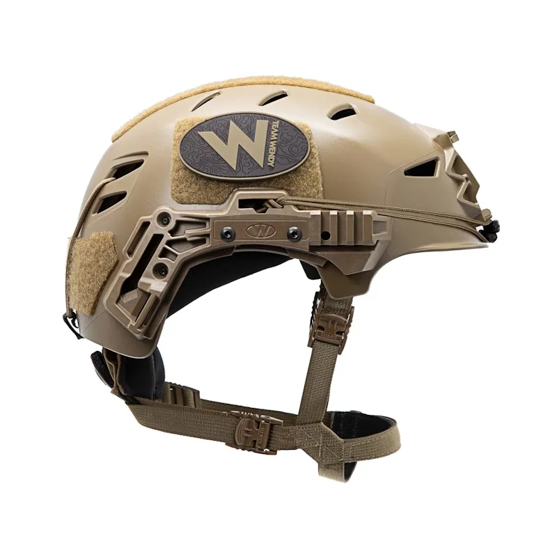 Right side view of the Team Wendy® EXFIL® LTP Bump Helmet in coyote brown, emphasizing the tactical finish, rail mounts, and structural durability.