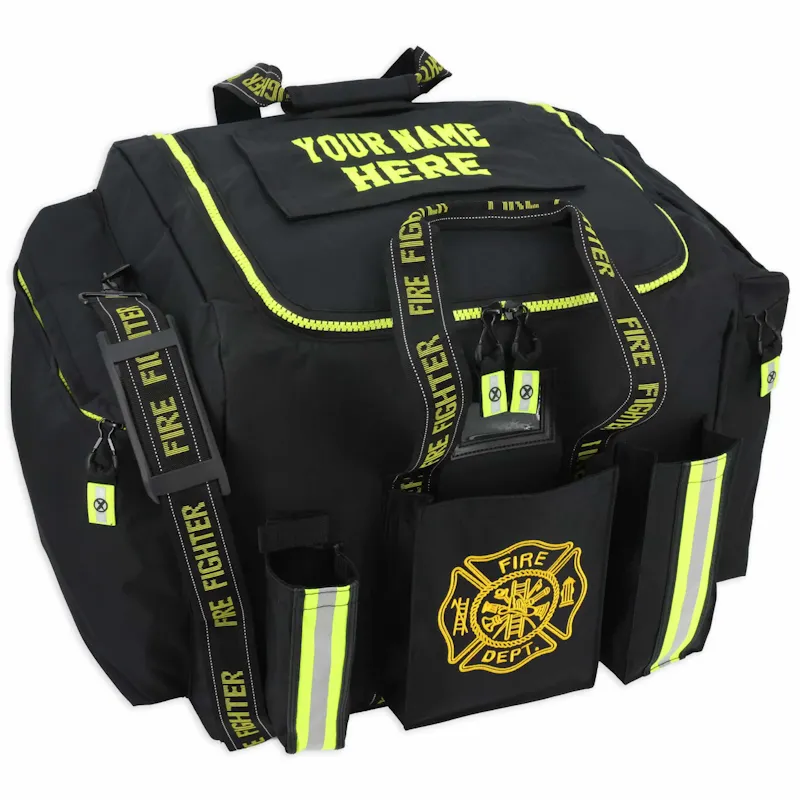 Lightning X LXFB20 black turnout gear bag with customizable "Your Name Here" yellow embroidery on the top flap.