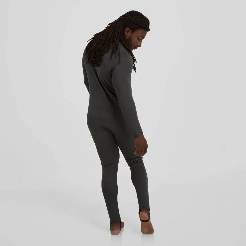 Back side view of a man wearing the NRS Men’s Expedition Weight Union Suit, showcasing the contoured fit, dropseat zipper, and ergonomic seam placement.