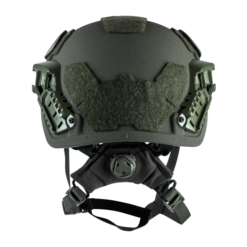 Back view of Team Wendy® EPIC™ Specialist Ballistic Helmet in ranger green displaying secure fit system and reinforced shell.