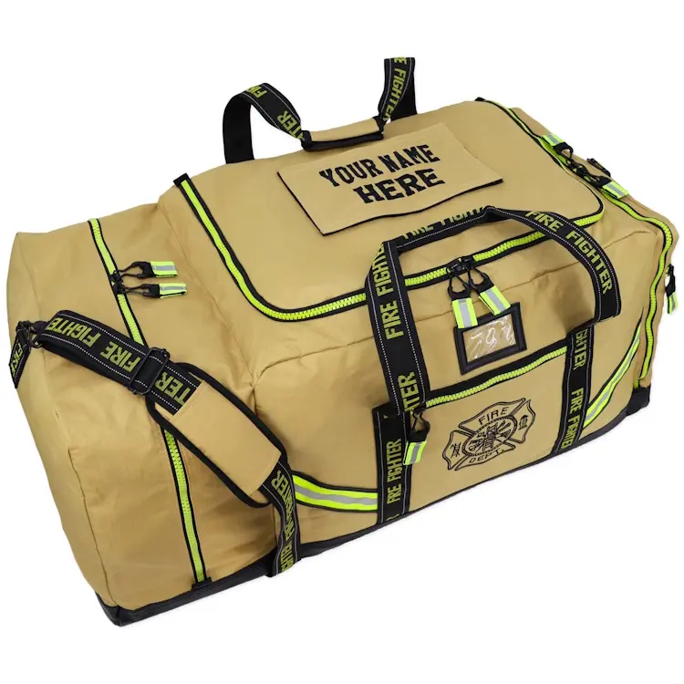 Top-front-left view of Lightning X LXFB10XT 3XL Ripstop Turnout Gear Bag with closed compartments, featuring customizable ‘Your Name Here’ embroidery on the top for personalized firefighter gear storage.