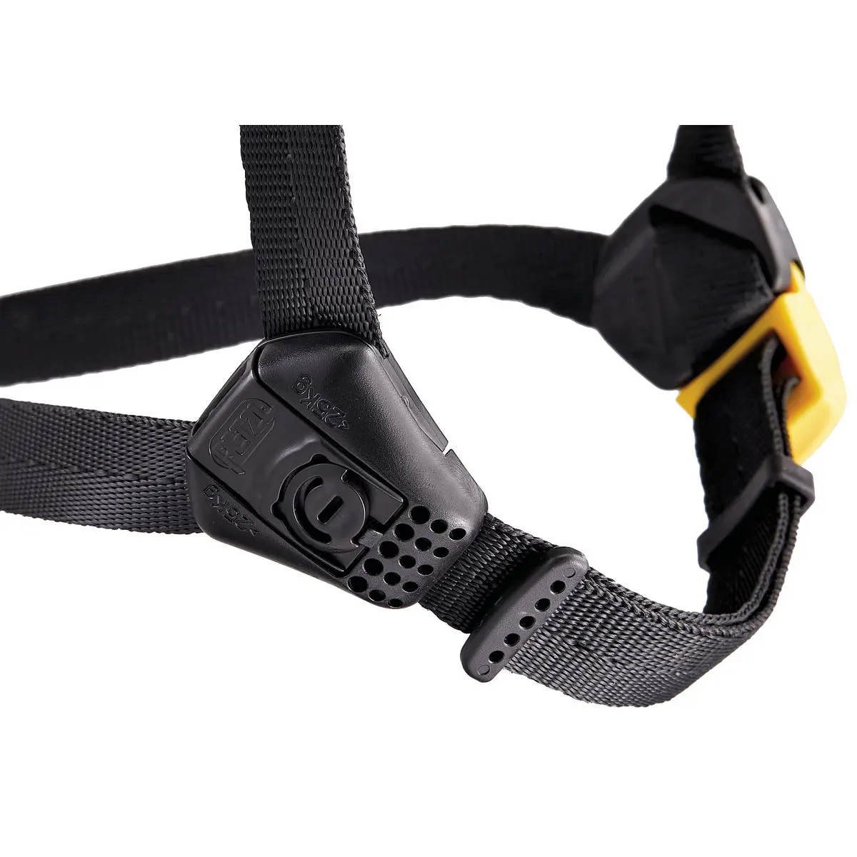 Closeup of the Petzl® VERTEX® Hi-Viz Canada Version Helmet’s adjustable chinstrap with secure buckle for reliable fit and safety.