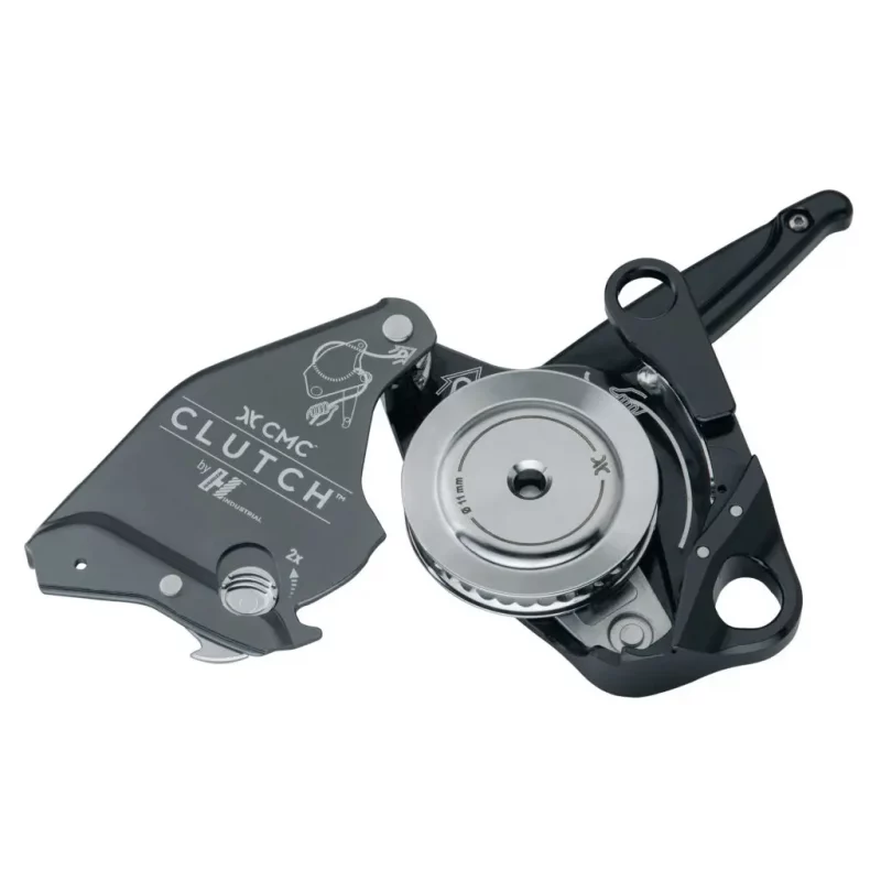 Top view of the gray Harken™ CMC CLUTCH™ in the open position, revealing internal components and rope path for easy inspection, setup, and maintenance in technical rescue operations.