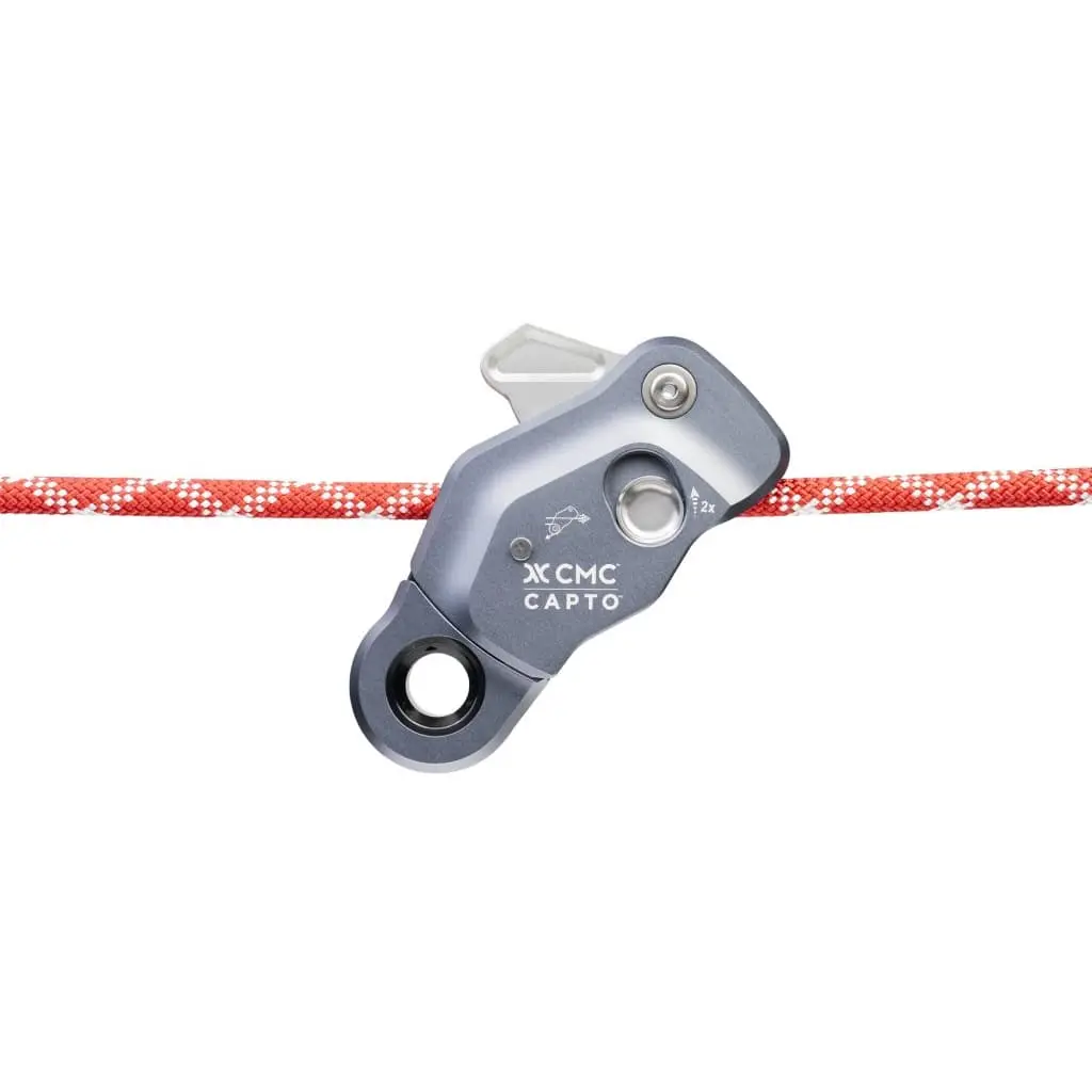 Silver CMC™ CAPTO™ Multifunctional Rope Grab in the closed position securely engaged on a rope, illustrating reliable locking and safe rope access during rescue operations.