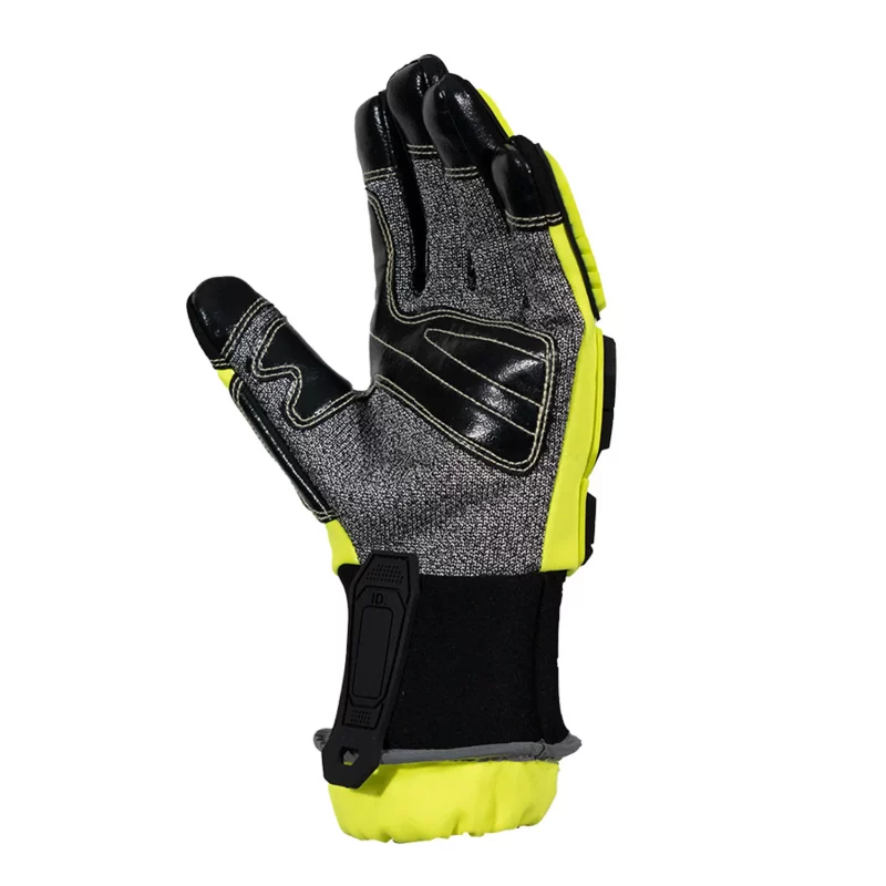 Angled side view of a single Majestic Safety MFA15B glove showing the palm side with textured grip and bloodborne pathogen protective liner for enhanced safety and dexterity.