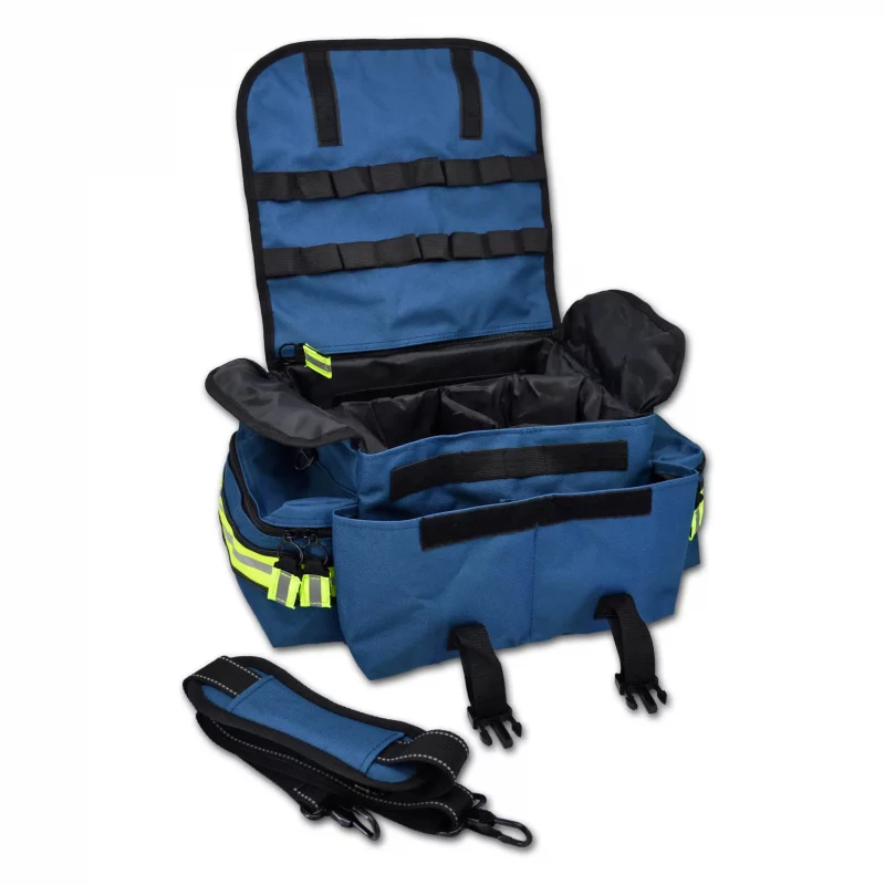Navy blue Lightning X LXMB20 small EMT first responder bag open with detached strap in front, showing organized compartments for quick access to medical supplies.