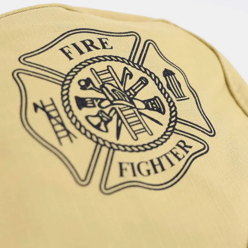 Front closeup of firefighter logo on Lightning X LXFB30-XT Ripstop SCBA mask bag, displaying clear identification.
