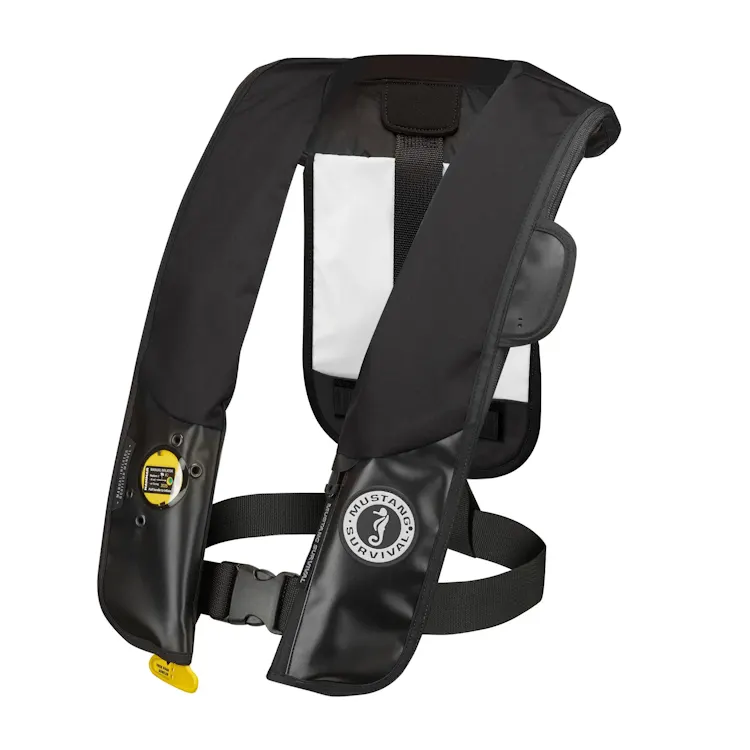 Mustang Survival® Hit Inflatable PFD for Law Enforcement in black variant with automatic hydrostatic inflation, designed for tactical use featuring low-profile fit, adjustable straps, and reliable flotation for water safety during law enforcement operations.