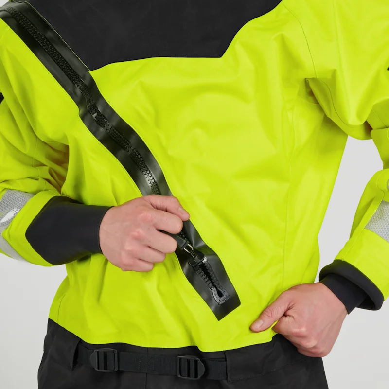 Closeup of a man wearing the NRS Ascent SAR Dry Suit in safety yellow, adjusting the heavy-duty front zipper on the chest area.