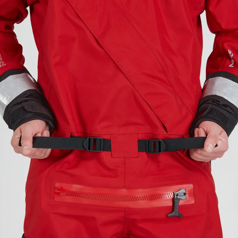 Closeup of a man wearing the NRS Extreme SAR Dry Suit in red, pulling the adjustable waist straps for a secure fit.