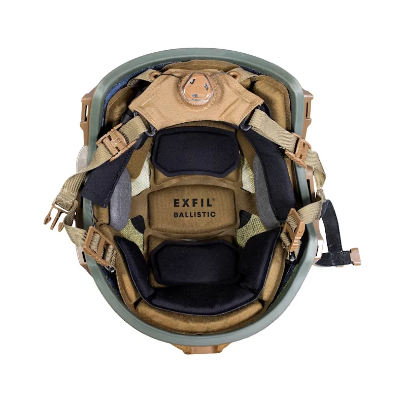 Under view of the Team Wendy® EXFIL® Ballistic Helmet in coyote brown, showing the interior padding, chin strap, and suspension system for comfort and stability.