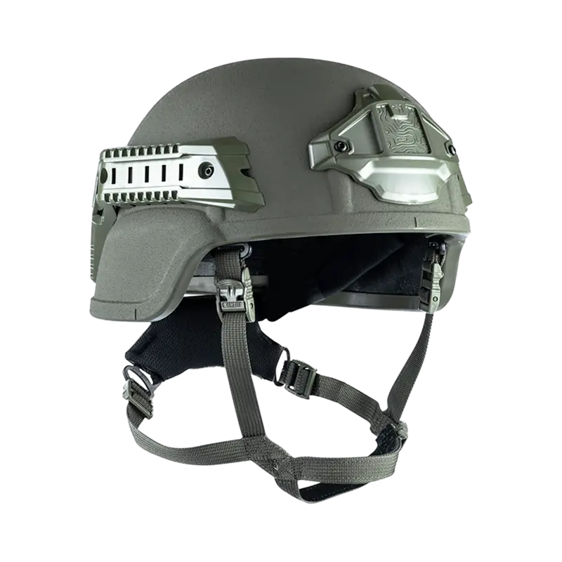 Angled front-right side view of the Team Wendy® EPIC™ Protector Ballistic Helmet in ranger green, highlighting the accessory rails, NVG shroud, and rugged tactical finish.